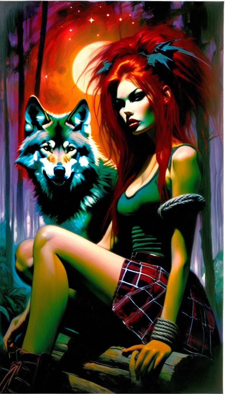 girl and her pet wolf, sexy girl, long red hair, punk look, plaid miniskirt, rope belt, tight t-shirt, sitting next to a bonfire, magic, fantastic, night sky, moon, stars, background, in a thick jungle, oil painting, chiaroscuro, lighting sensual and dramatic, moody atmosphere, dark and melancholic, expressionistic, powerful composition, emotional impact, art inspired by Bill Sienkiewicz