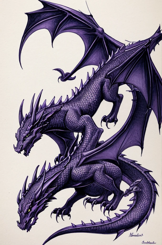 Dessine-moi plusieurs dragons. Un violet, un rouge, un noir et un blanc