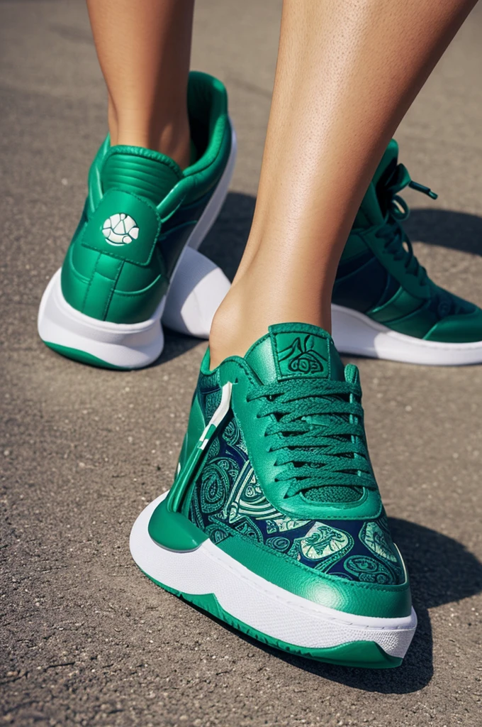 Create a model of unisex sports shoes, with green colors and turtle design (creates different angles of the shoe model and a sample of how they would look on men's and women's feet)
