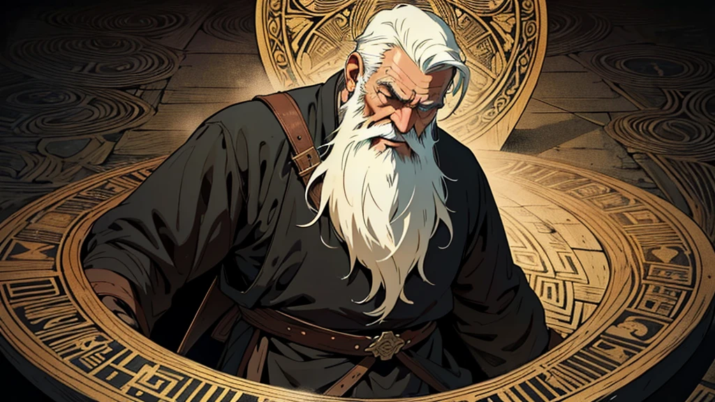 An old man with a long, straight beard, wearing a black tunic, depicted in a woodcut illustration style with realistic colors. The man is shown revealing the deepest parts of his soul, surrounded by elements of torment and joy. The background features a labyrinth, symbolizing his endless search for answers, and a subtle divine presence illuminating his path, representing the eternal truth.