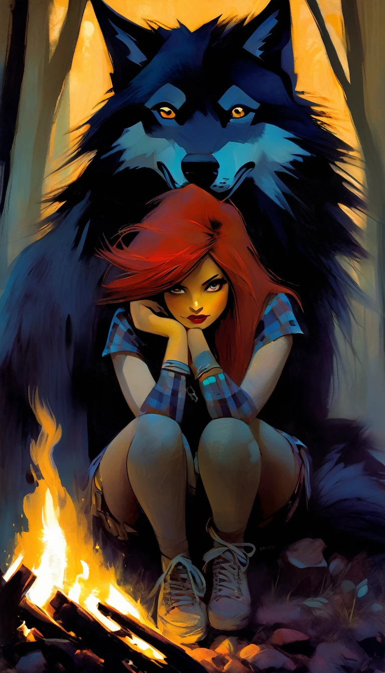 girl and her pet wolf, sexy girl, long red hair, punk look, plaid miniskirt, rope belt, tight t-shirt, sitting next to a bonfire, magic, fantastic, night sky, moon, stars, background, in a thick jungle, oil painting, chiaroscuro, lighting sensual and dramatic, moody atmosphere, dark and melancholic, expressionistic, powerful composition, emotional impact, art inspired by Bill Sienkiewicz