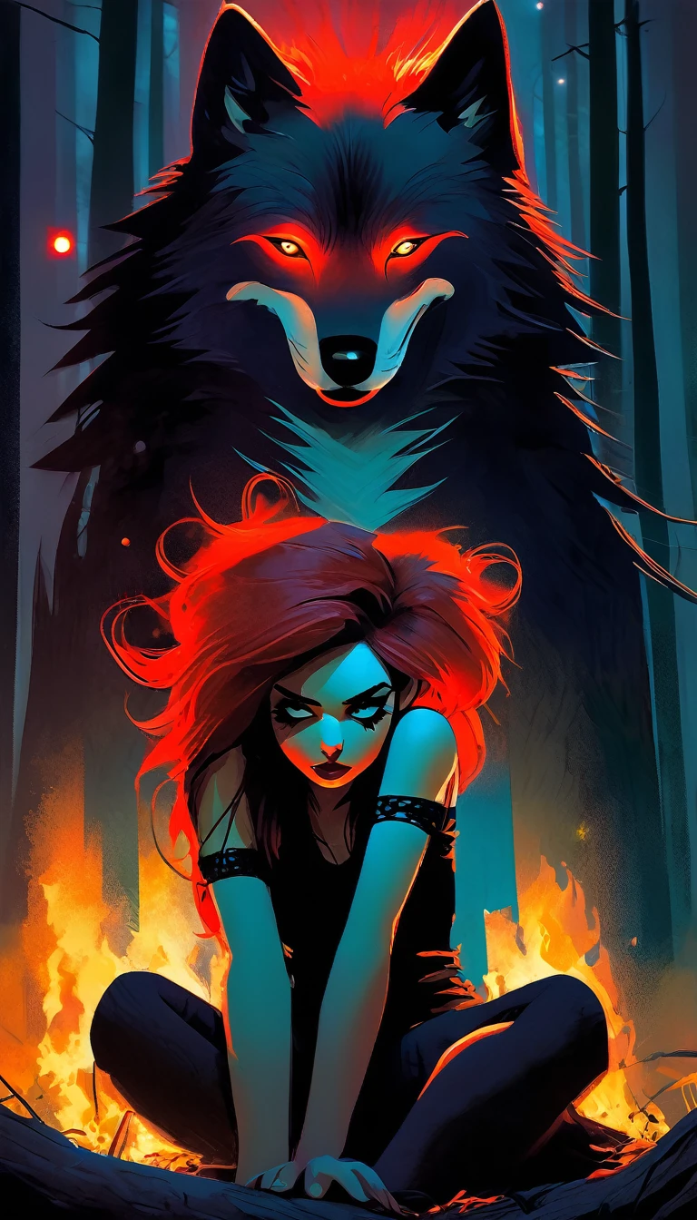 girl and her pet wolf, sexy girl, long red hair, punk look, plaid miniskirt, rope belt, tight t-shirt, sitting next to a bonfire, magic, fantastic, night sky, moon, stars, background, in a thick jungle, oil painting, chiaroscuro, lighting sensual and dramatic, moody atmosphere, dark and melancholic, expressionistic, powerful composition, emotional impact, art inspired by Bill Sienkiewicz