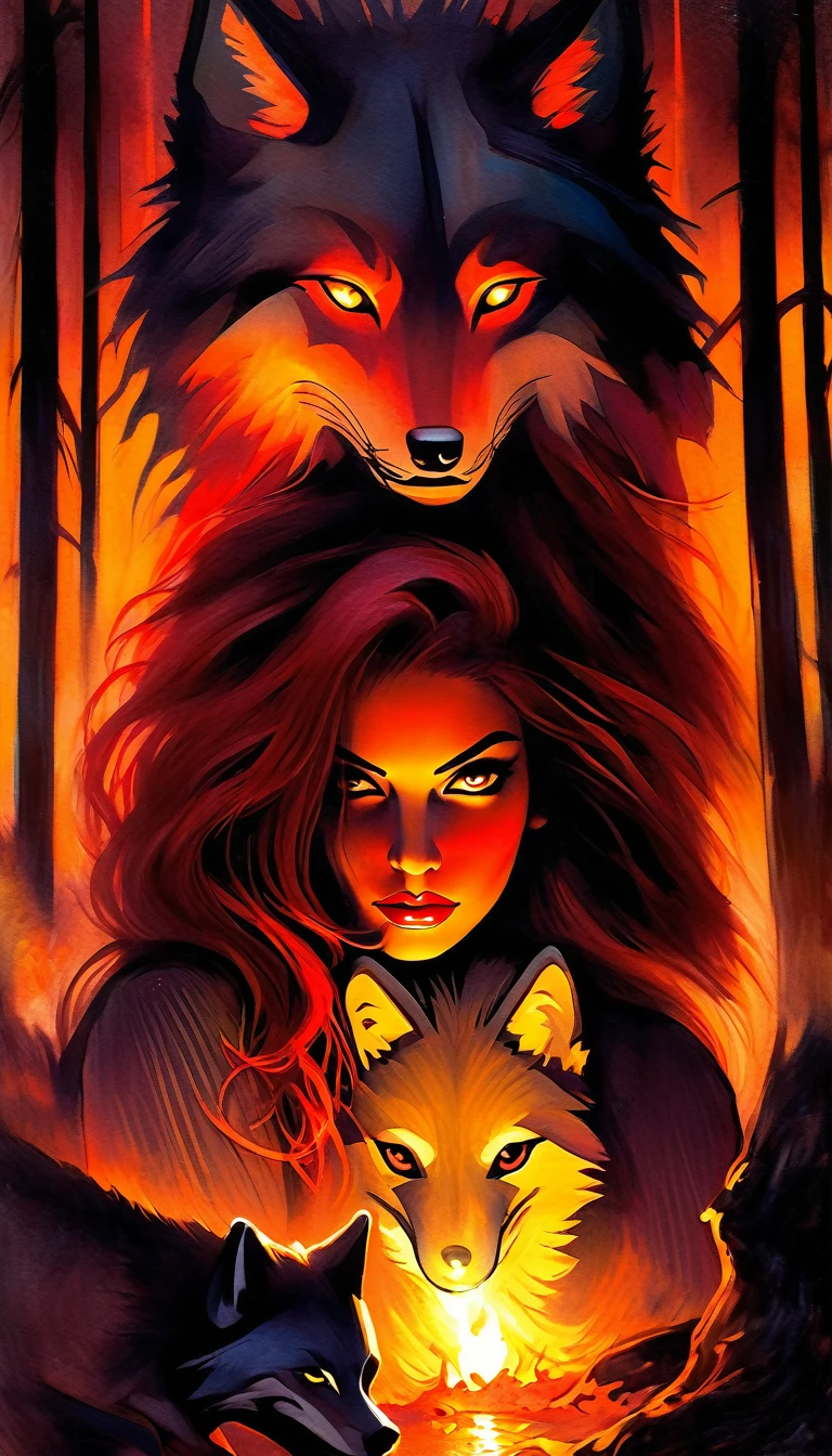 girl and her pet wolf, sexy girl, long red hair, punk look, plaid miniskirt, rope belt, tight t-shirt, sitting next to a bonfire, magic, fantastic, night sky, moon, stars, background, in a thick jungle, oil painting, chiaroscuro, lighting sensual and dramatic, moody atmosphere, dark and melancholic, expressionistic, powerful composition, emotional impact, art inspired by Bill Sienkiewicz