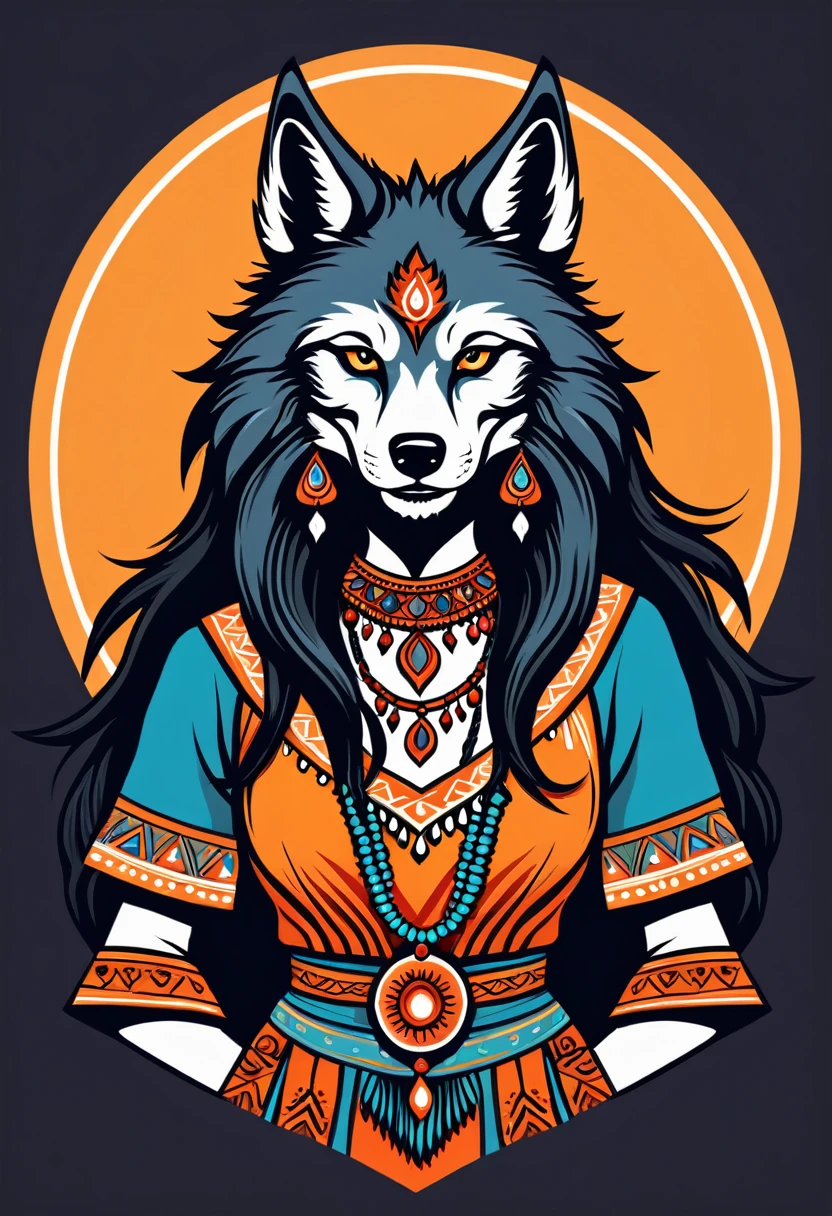 female werewolf in indian folk costume, Vector graphics, strong outlines, logo design
