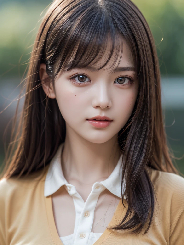 (Highest quality,8k,High resolution,masterpiece:1.2),Digital Art, girl,Delicate face,Delicate eyes,Shallow brown hair,Long Straight Hair,Sparkling amber eyes,Polo shirt ,particle,Dust,Warm colors,shy,in love,(HD Skins),Shallow depth of field