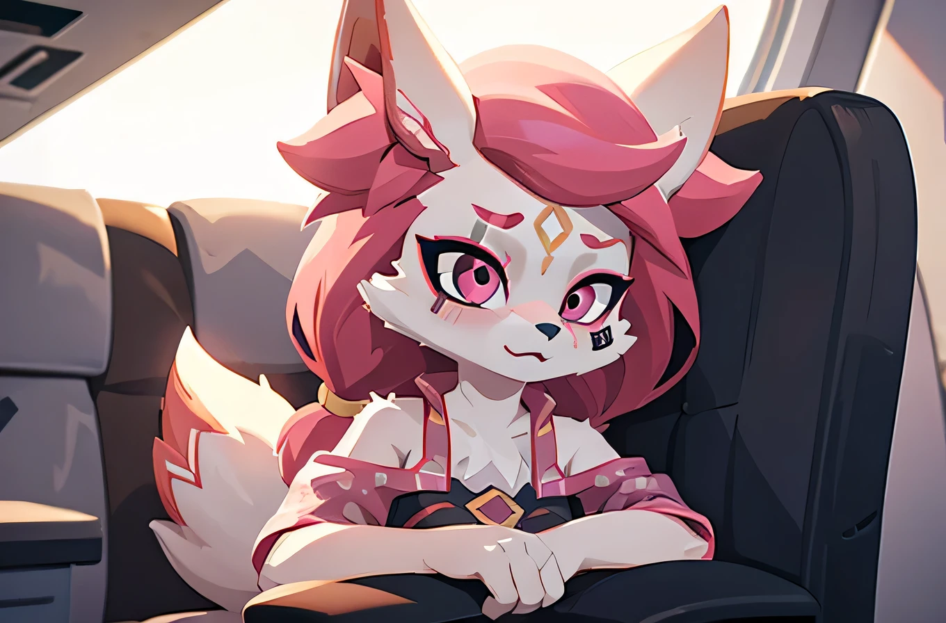 kimiko, furry female anthro, fox girl, white body fur, Pink hair, solo, body fur, (best quality), cinematic lighting, masterpiece, perfect hair, in airplane, sitting in an armchair by the window
