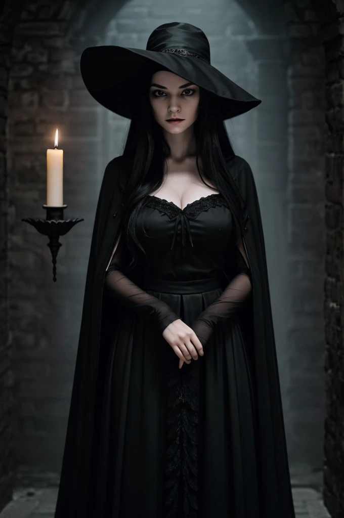 ((best quality)), ((masterpiece)), (detailed), ((terror)) dark drunk evil witch woman with pale white skin, long black hair, faceless,
hiding her face with a black hat. with a black long dress and a long black skirt, holding this same skirt by the ends, wearing a transparent black cape. candlelit dungeon backdrop.
