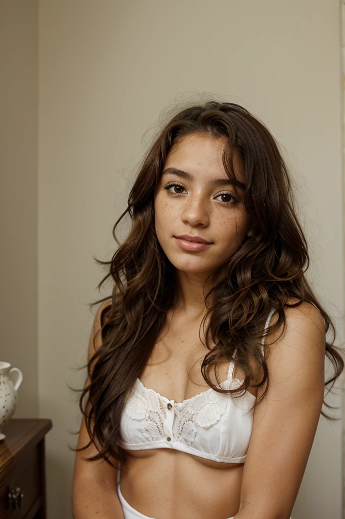 Colombian Portuguese girl cup of freckles in her twenties long curly hair