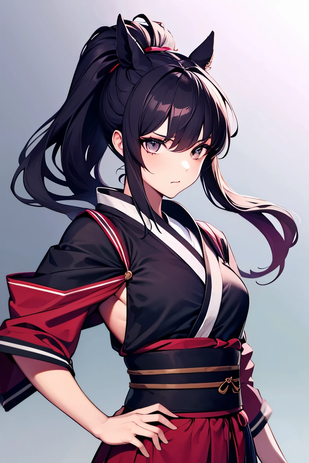 1girl , ninja, obi, katana, two ponytails