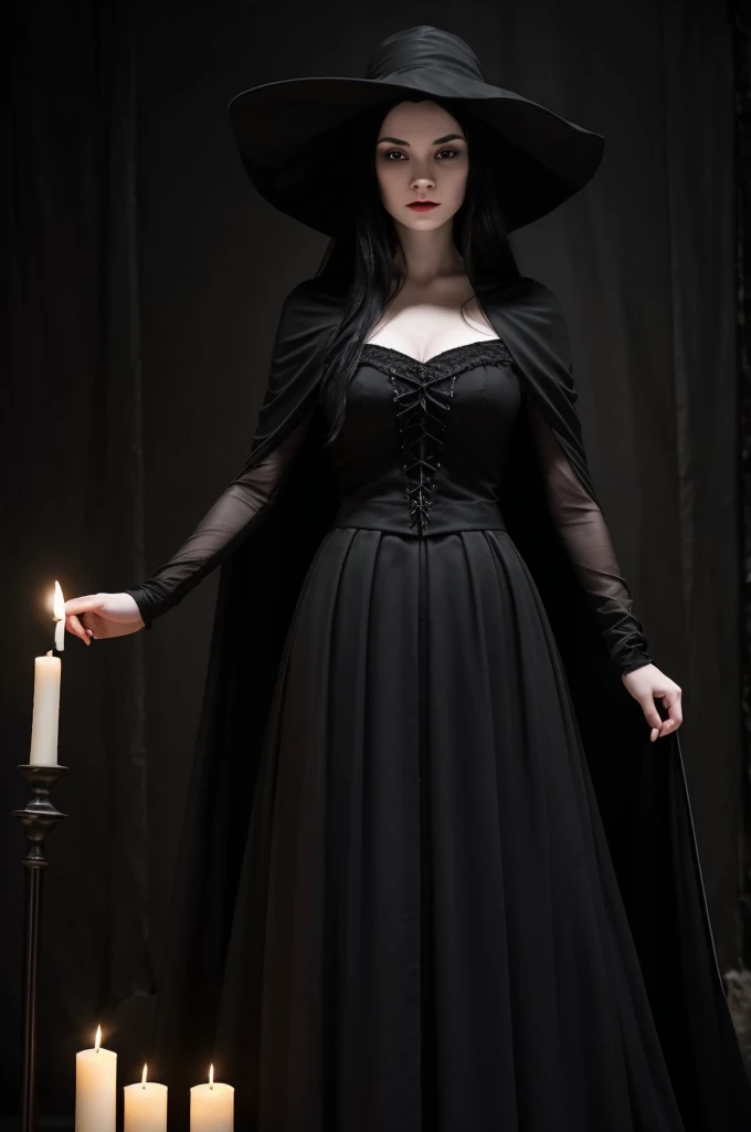 ((best quality)), ((masterpiece)), (detailed), ((terror)) dark drunk evil witch woman with pale white skin, long black hair, faceless,
hiding her face with a black hat. with a black long dress and a long black skirt, holding this same skirt by the ends, wearing a transparent black cape. candlelit dungeon backdrop.
