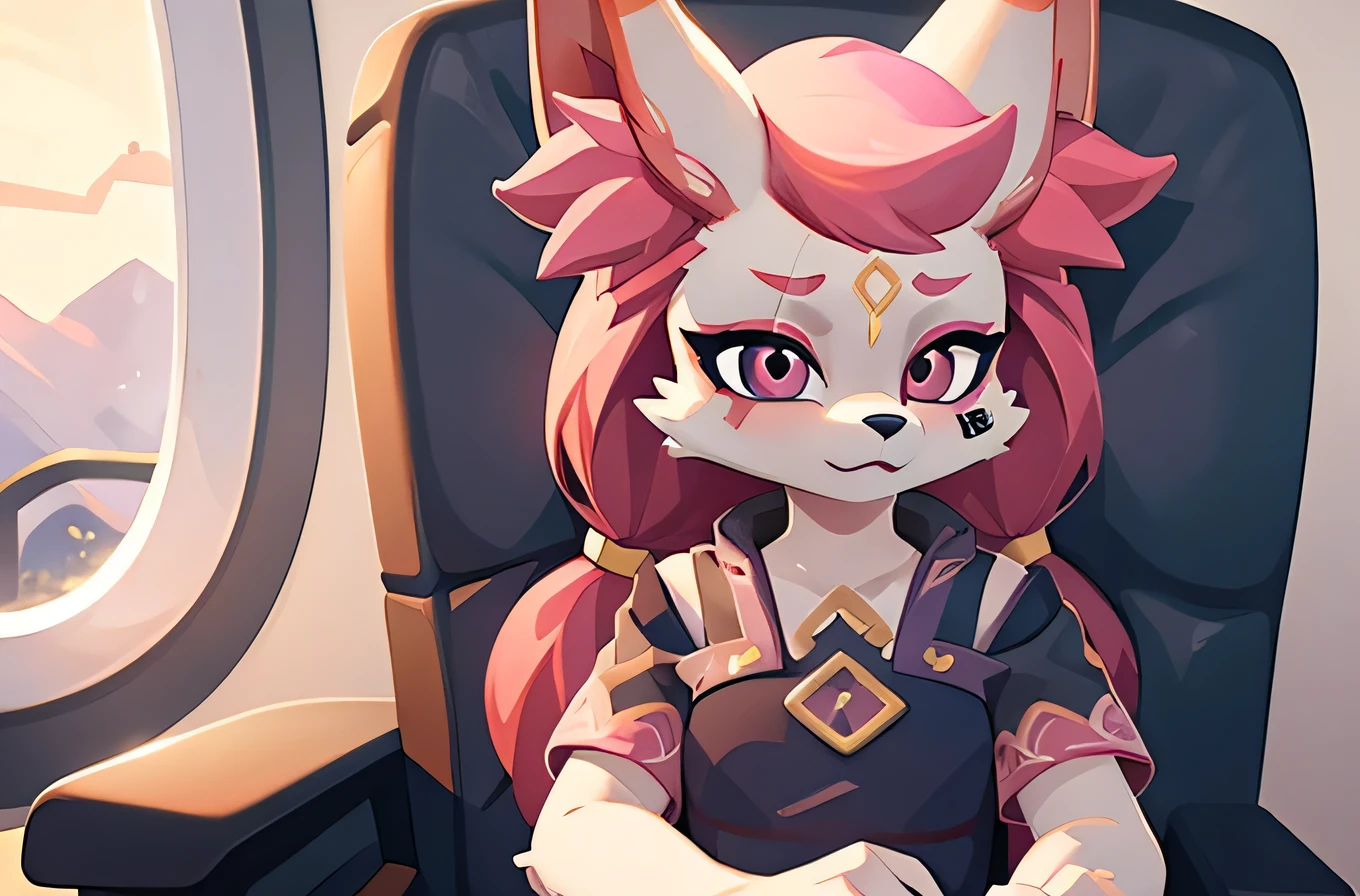 kimiko, furry female anthro, fox girl, white body fur, Pink hair, solo, body fur, (best quality), cinematic lighting, masterpiece, perfect hair, in airplane, sitting in an armchair by the window