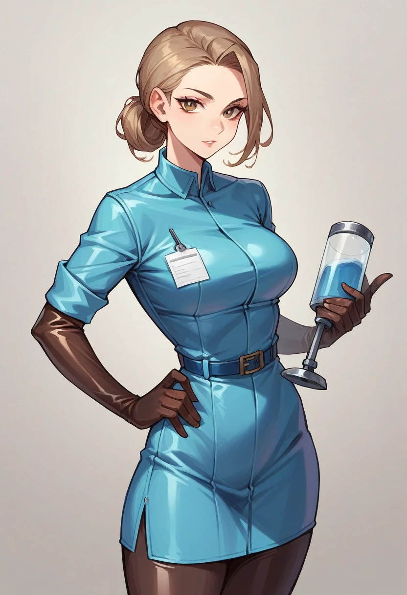 1girl, ((brown elbow gloves)), ((surgical gloves)), ((latex gloves)), ((long sleeves)) ((blue surgeon outfit)), looking at viewer, ((blue doctor outfit)), standing, solo