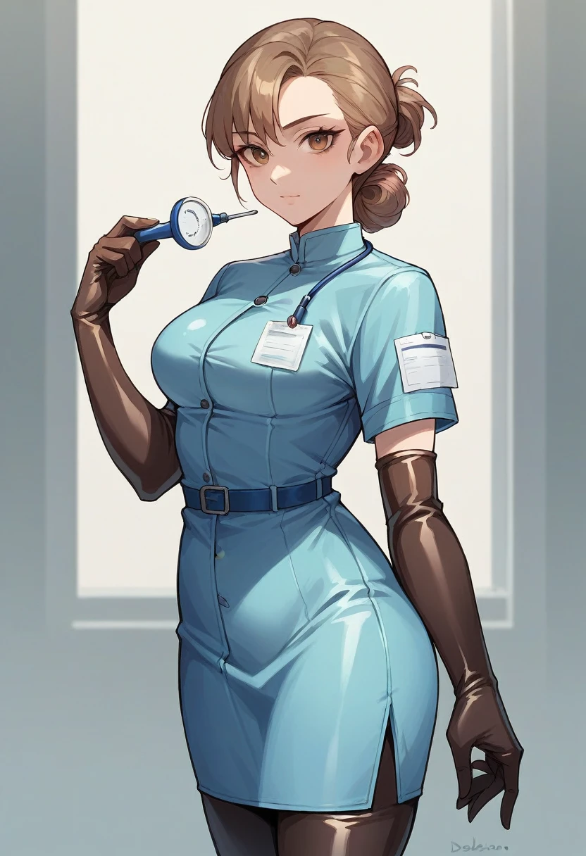 1girl, ((brown elbow gloves)), ((surgical gloves)), ((latex gloves)), ((long sleeves)) ((blue surgeon outfit)), looking at viewer, ((blue doctor outfit)), standing, solo