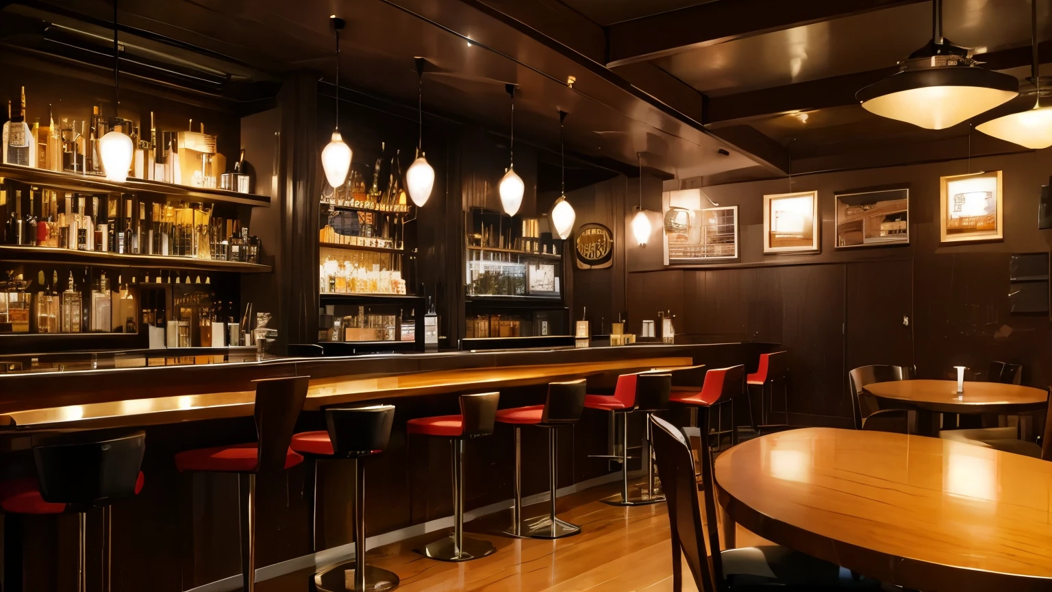 Jazz bar with cats、Retro interior、There are musical instruments on the stage at the back.