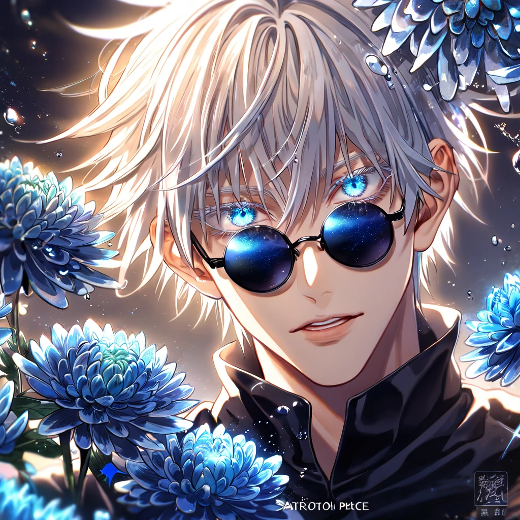 absurdres, highres, ultra detailed, HDR, master piece, best quality, extremely detailed, Gojou Satoru, white hair, black round sunglasses, expressive blue eyes, white eyelashes, Jujutsu Kaisen, solo, sexy man, handsome, jujutsu uniform, black shirt, black pants, fantasy, water, sparkling, blue glittering fireflies, blue moon, blue blossoms, blue chrysanthemums, blue sparkling lights, starry sky, magical