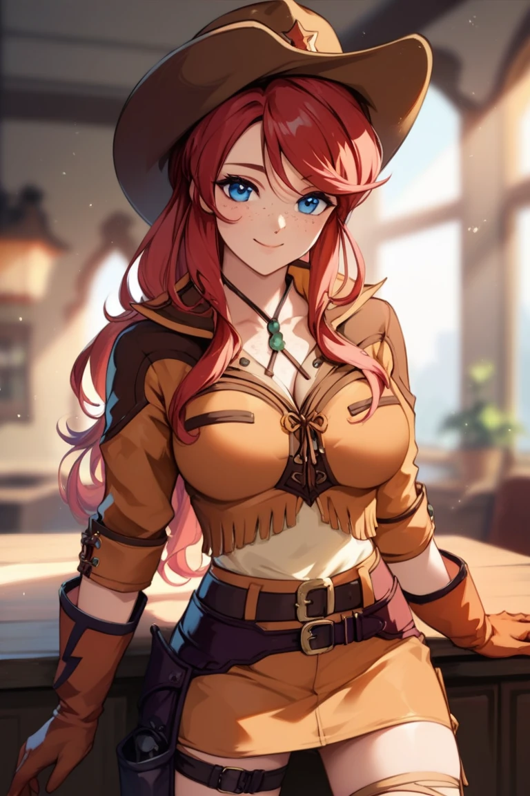 score_9, score_8_up, score_7_up, very aesthetic, source_anime, detailed, high quality, beautiful, masterpiece, detailed eyes,
Indoors, blurry background,
cowboy shot, upper body, smile, mouth closed, 
gemini sunrise, red hair, long hair, blue eyes, freckles, sidelocks, big breasts,
belt, thigh strap, cowboy hat, cowboy boots, fringe trim, gloves, miniskirt,  long sleeves,, zPDXL