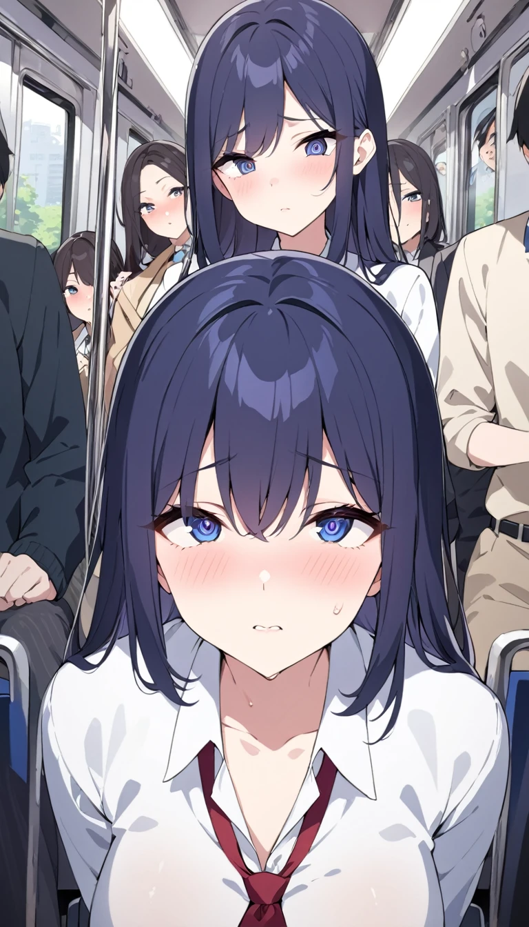 masterpiece, High resolution, perfect face, Japan beauties, 30 years old, beautiful face, in the crowded train, high school student, embarrassed look, look at the camera, (top quality eyes), detailed texture, Look at me, Married woman, cool women, ((high resolution eyes)), hentai