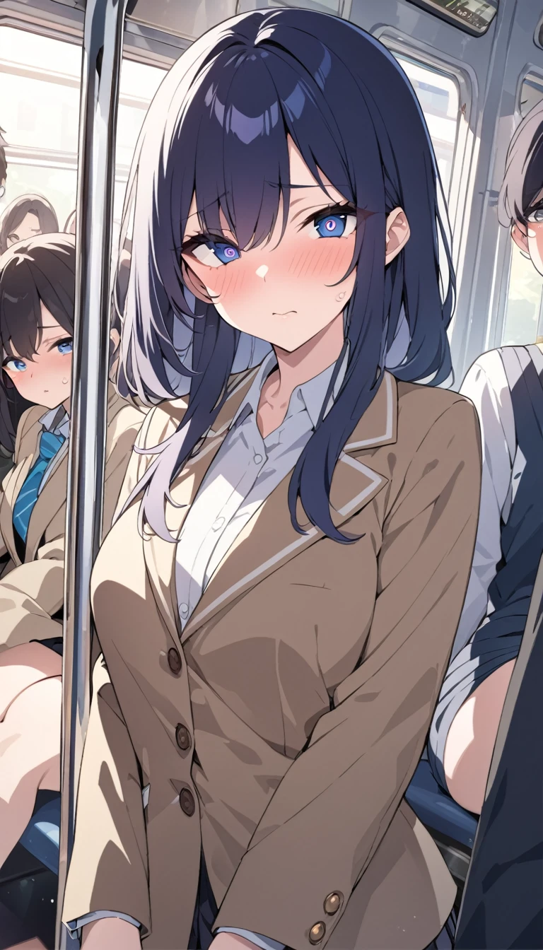masterpiece, High resolution, perfect face, Japan beauties, 30 years old, beautiful face, in the crowded train, high school student, embarrassed look, look at the camera, (top quality eyes), detailed texture, Look at me, Married woman, cool women, ((high resolution eyes)), hentai

