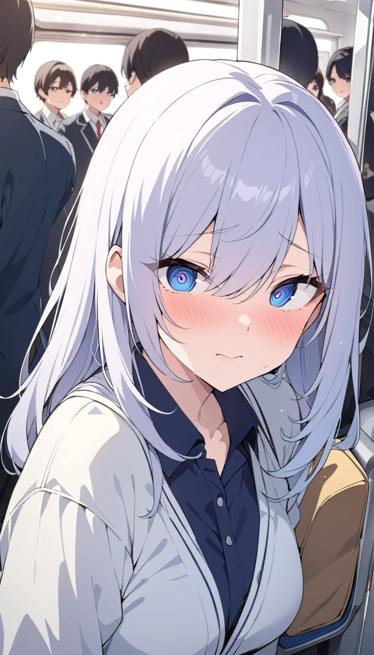 masterpiece, High resolution, perfect face, Japan beauties, 30 years old, beautiful face, in the crowded train, high school student, embarrassed look, look at the camera, (top quality eyes), detailed texture, Look at me, Married woman, cool women, ((high resolution eyes)), hentai