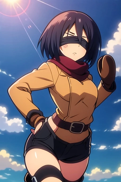girl in spandex booty shorts, wearing oven mittens tucked in pockets, blindfold
