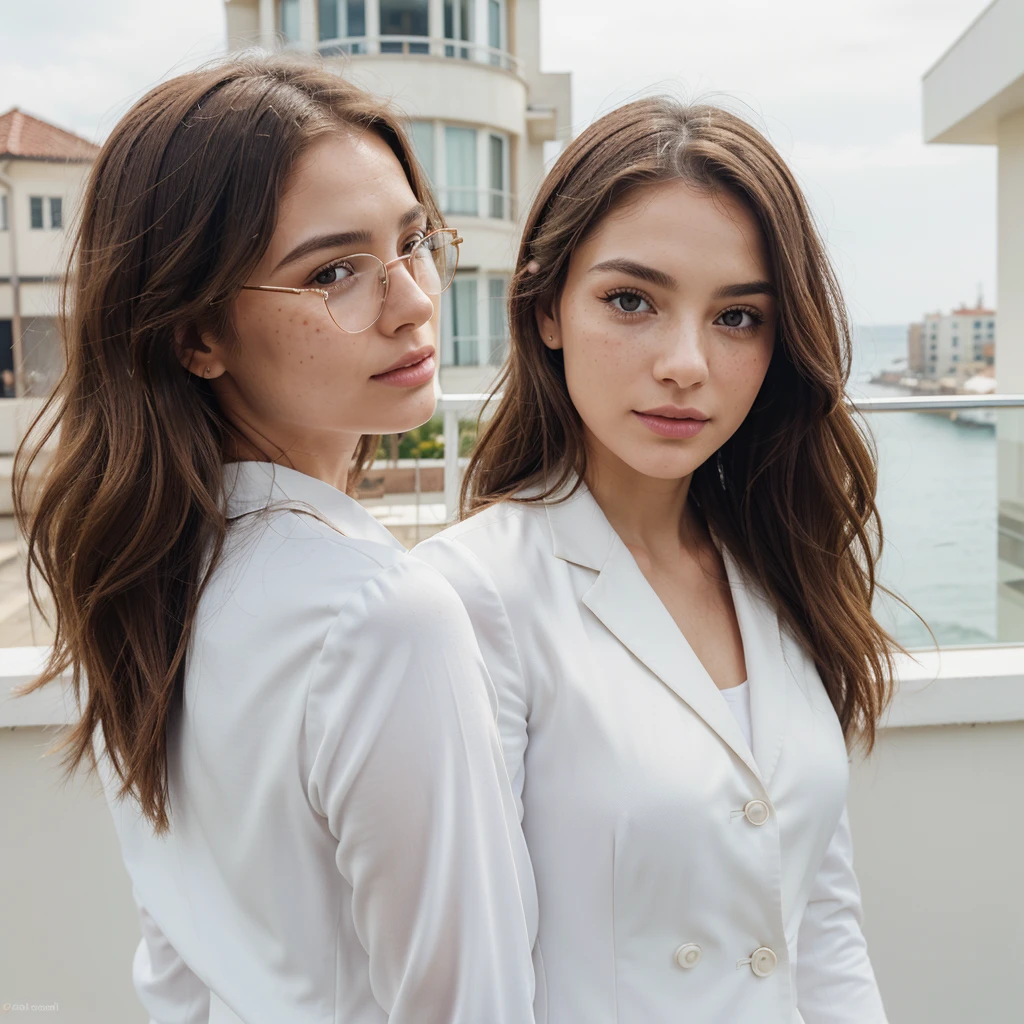 Create a very realistic and beautiful model with the following detailed features: Gender: Female, Age: Young adult (approximately 20-25 years old), Hair: Long, wavy and reddish with a natural shine, gently cascading around the shoulders and back back. . . . . . . . . . . . , Eyes: Bright green with a captivating, slightly almond-shaped look, detailed with natural highlights, Skin: Fair complexion with a light texture, including natural freckles on the nose and cheeks, giving a youthful and vibrant appearance: Fair complexion with a light texture, including natural freckles on the nose and cheeks, giving a youthful and lively appearance, Face: with a smooth and natural contour, soft and full lips with a slight pinkish tint and a slightly delicate upturned nose, Expression : a gentle face, with a touch of mischief, which conveys warmth and approachability, Clothing: in a white suit and sunglasses standing on a bridge, wearing a white suit, a white suit, a white outfit, a white suit and glasses , a white futuristic suit, a white silky outfit, fashionable white clothes, a Girl in a suit, wear white clothes, Girl in a suit, Smooth white tight-fitting suit, wear an elegant outfit, haute couture chic, All white, Background : the model is on an elegant flowered terrace, beginning on an open roof, end of sunny day, sea view in the background. Pose: relaxed and confident posture, start on an open-air rooftop, end of sunny day, sea view in the background. aesthetic, Unsplash, Neoclassicism, Complex background, Best quality, hyper detailed, Gratty Sita, 64K, Light design