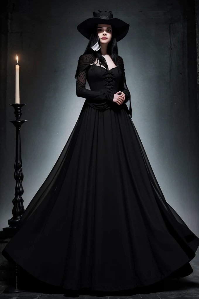 ((best quality)), ((masterpiece)), (detailed), ((terror)) dark drunk evil witch woman with pale white skin, long black hair, faceless,
hiding her face with a black hat. with a black long dress and a long black skirt, holding this same skirt by the ends, wearing a transparent black cape. candlelit dungeon backdrop.