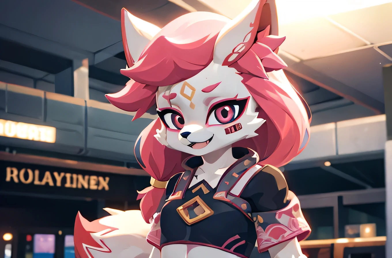 kimiko, furry female anthro, fox girl, white body fur, Pink hair, solo, body fur, (best quality), cinematic lighting, masterpiece, perfect hair, in airport on background, happy
