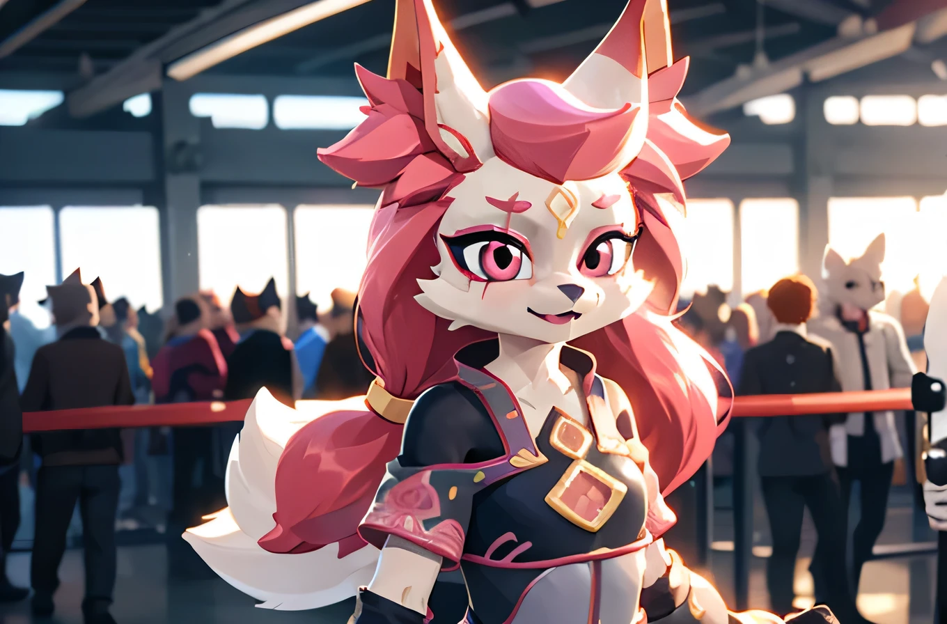 kimiko, furry female anthro, fox girl, white body fur, Pink hair, solo, body fur, (best quality), cinematic lighting, masterpiece, perfect hair, in airport on background, happy