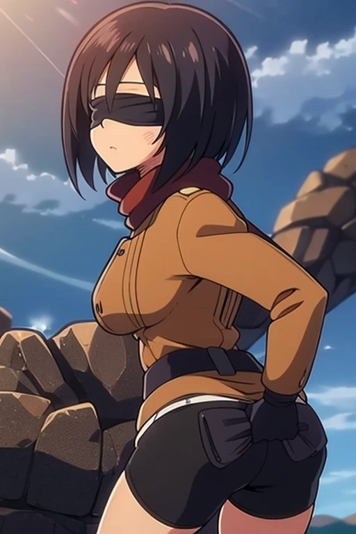 girl in booty shorts, wearing oven mittens tucked in pockets, blindfold