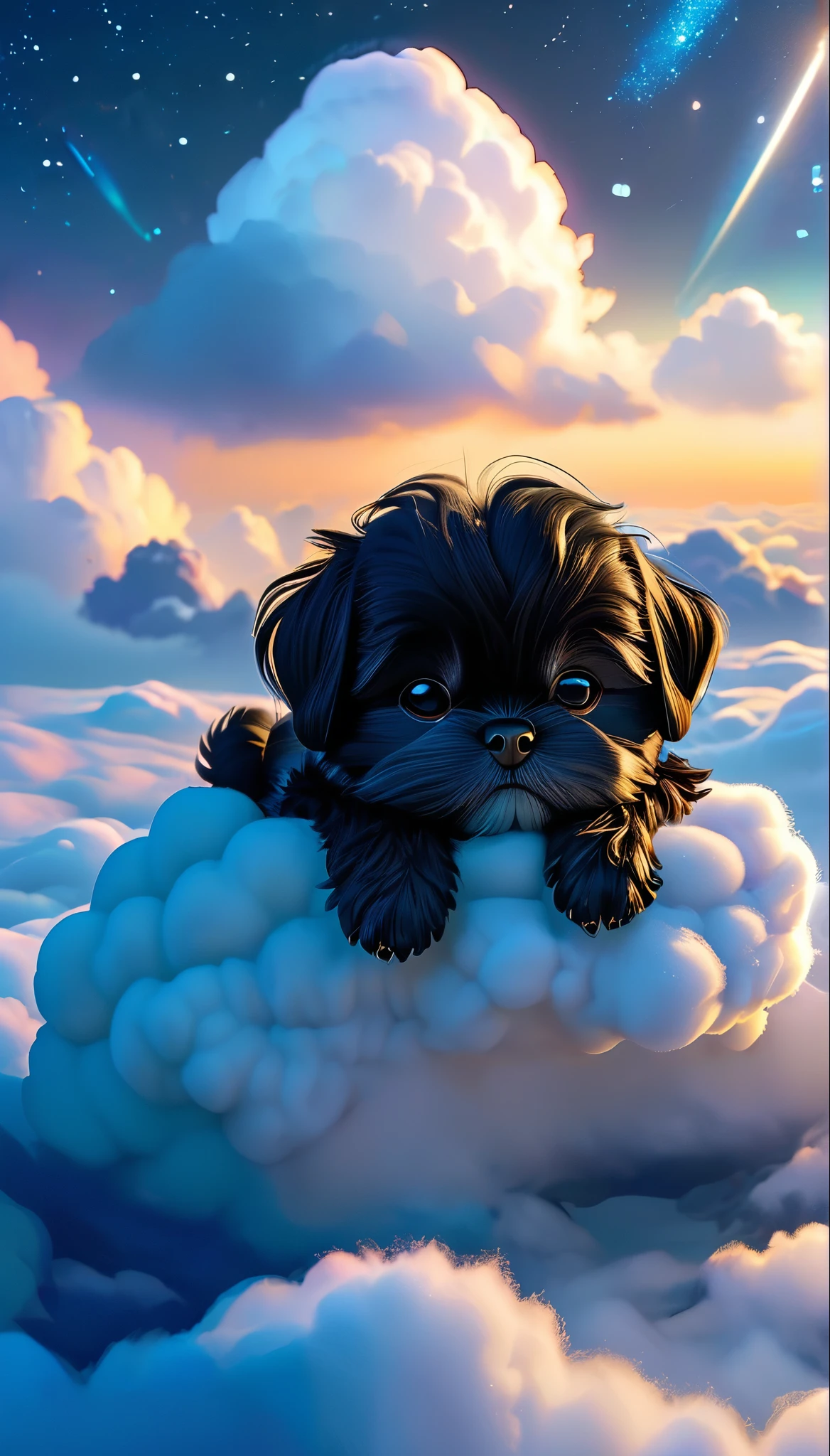 Adorable black shihtzu puppy is curled up and sleeping、Above the Clouds、night、Character Style、3D Pixar style