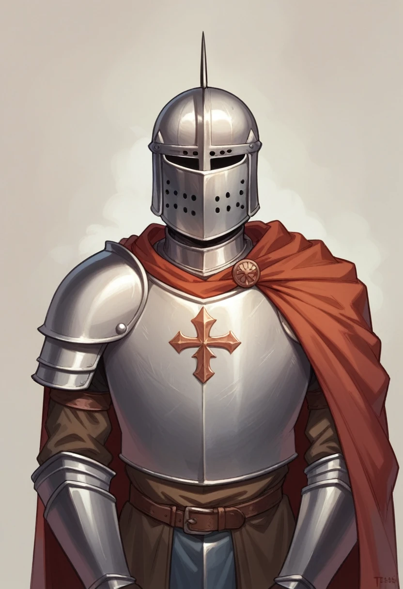Male knight in templar armor in medieval style, with a templar helmet and a cape covering his back, contemplating a completely desolate and emaciated scene by a medieval warrior