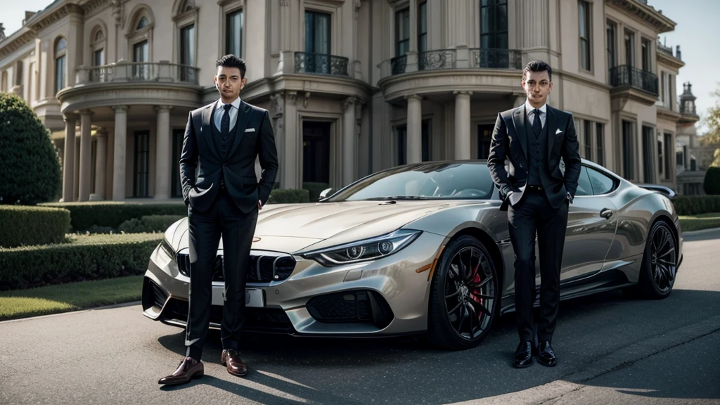 Man in suit leaning on luxury car in front of a mansion 