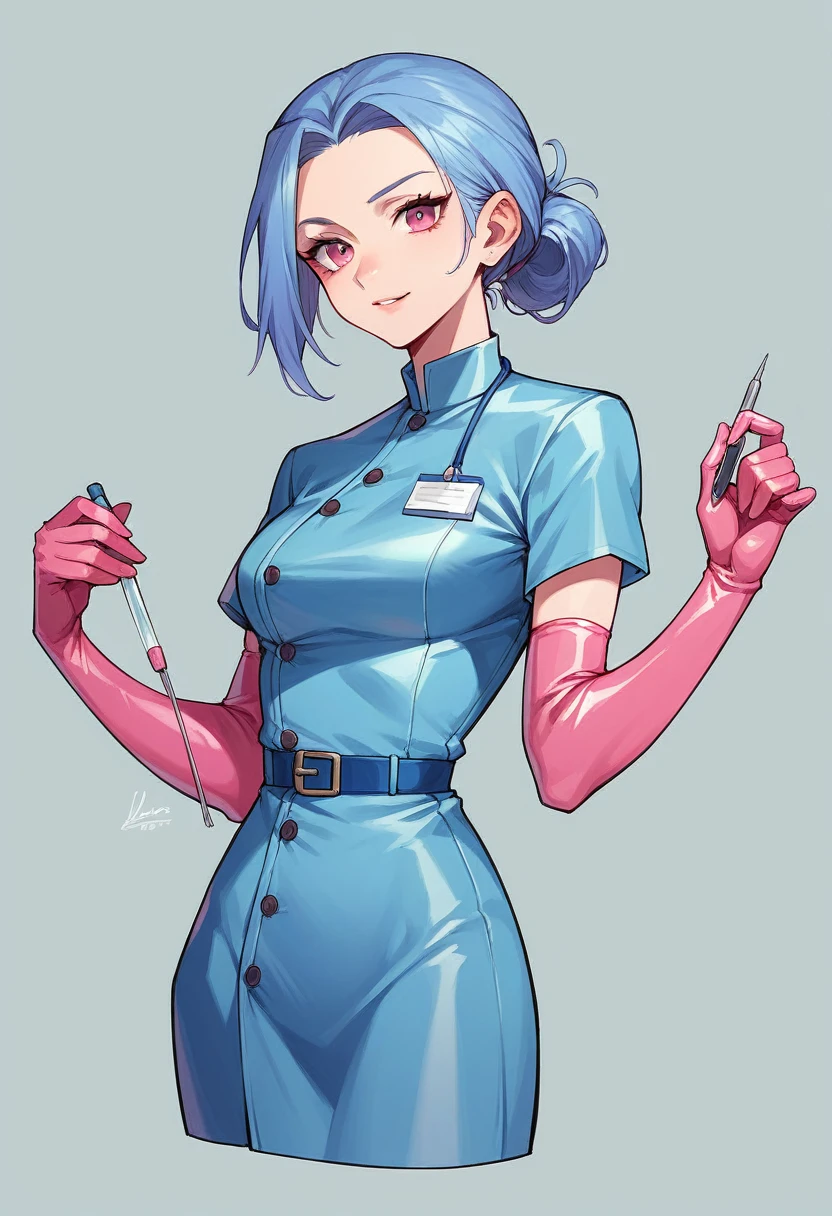 1girl, ((purple elbow gloves)), ((surgical gloves)), ((latex gloves)), ((long sleeves)) ((cyan surgeon outfit)), looking at viewer, ((cyan doctor outfit)), standing, solo