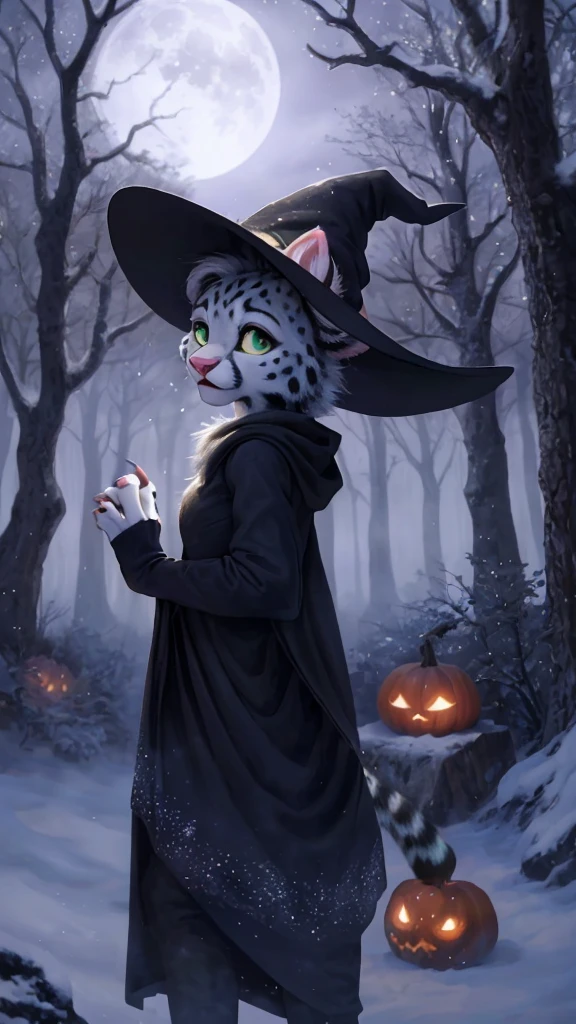 detailed back ground, Dark and mysterious forest, fog rolling through the trees, snow covered ground, full moon shining brightly in the sky, a clearing with scattered leaves and pumpkins, a((slim and graceful)(leopardo da neve:1.2))woman standing in her witch costume, (black dress adorned with silver stars), (pointed hat with wide brim), (long cloak flowing behind her), (Sharp claws on fingertips), (greeneyes), ((delicate pink nose:1.1)peeking out from under the witch&#39;s hat), (playful smile revealing sharp fangs), detailed skin markings that resemble mystical patterns on your body, (crossed arms posture), (half body view)