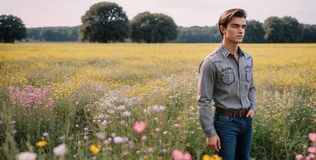 a photo of 1 man, 20 years old, broad shoulders, athletic build, shoulder length medium brown hair with a side part, wearing a grey long sleeve denim shirt with floral embroidery on it, and black jeans, standing in a field of flowers, shot with vintage 35mm camera ((photorealistic):1.2), raw