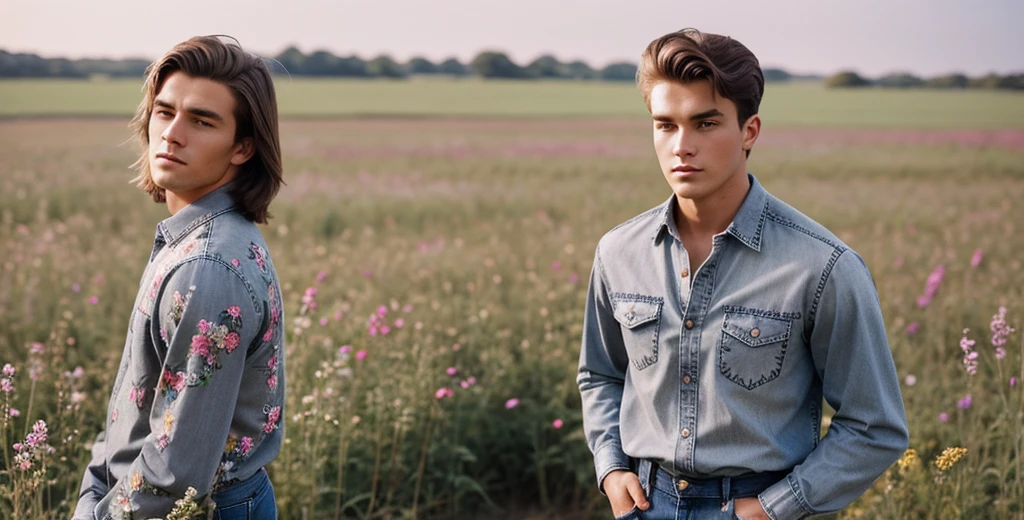 a photo of 1 man, 20 years old, broad shoulders, athletic build, shoulder length medium brown hair with a side part, wearing a grey long sleeve denim shirt with floral embroidery on it, and black jeans, standing in a field of flowers, shot with vintage 35mm camera ((photorealistic):1.2), raw