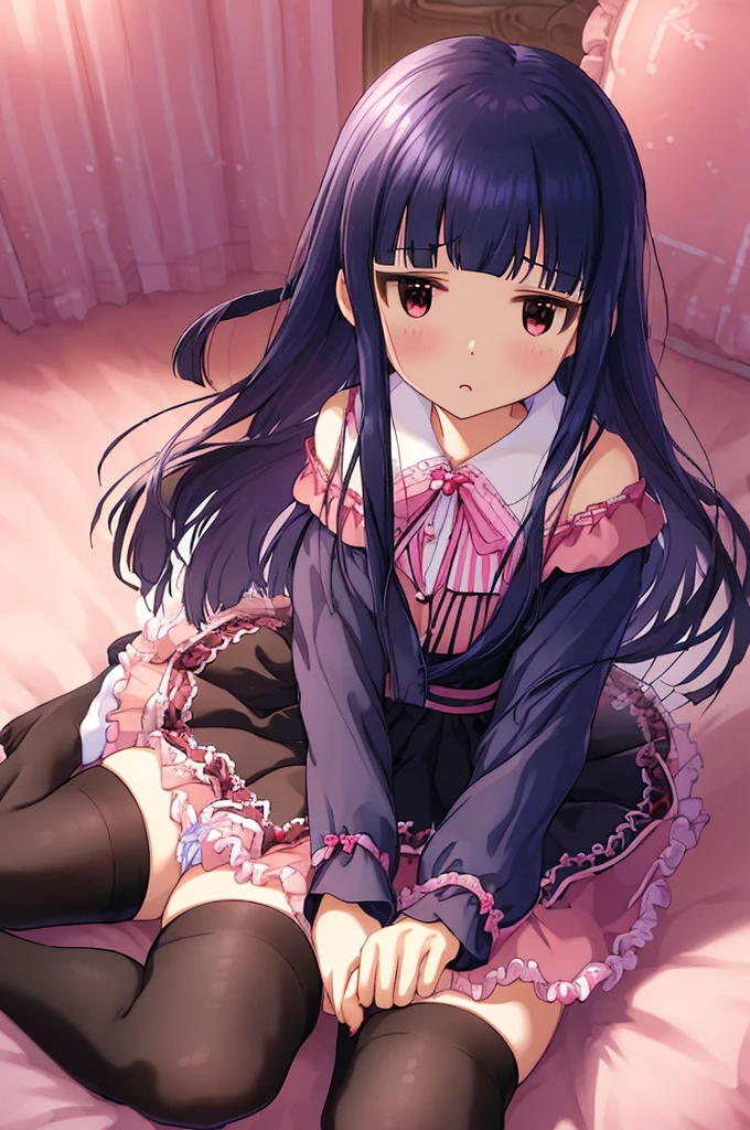 16k, highres, masterpiece, best quality, 
yukimi, .,long hair, blunt bangs, flat chest, (expressionless:1.1), (((sex,pov)))
pink silk sundress, floating skirt, miniskirt, off shoulder,  striped panties, frills,  detailed embroidery,  thighhighs, shoes, bow,    sitting,open legs,(panties)