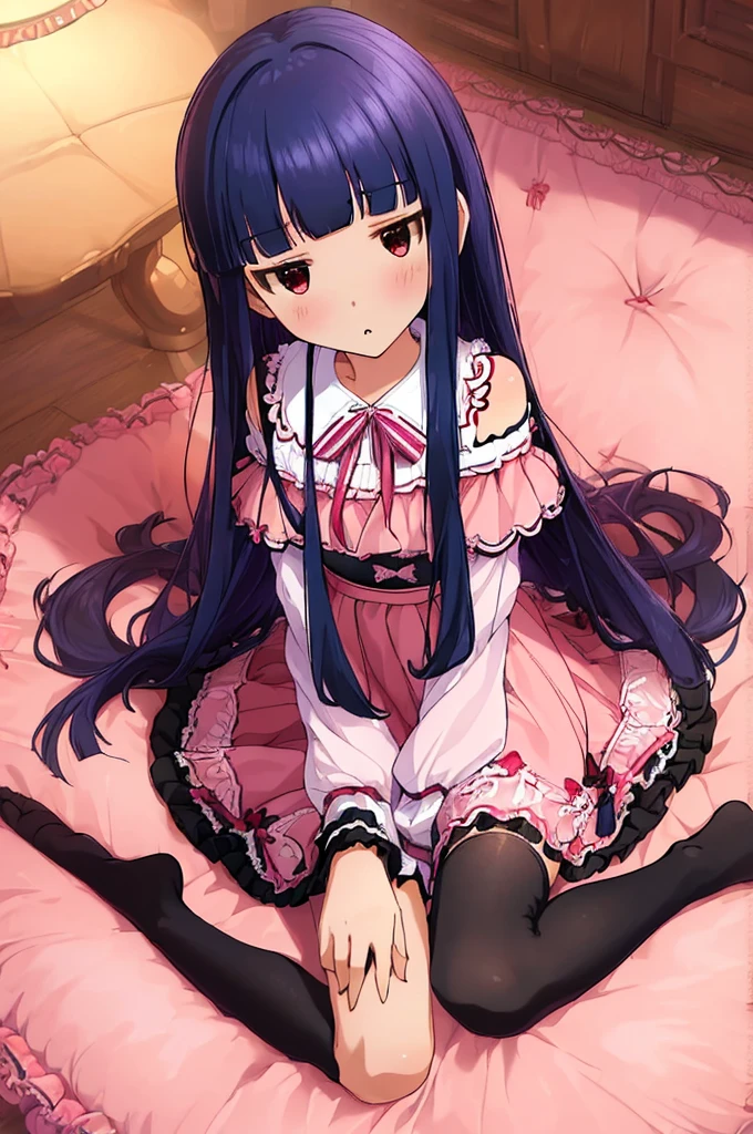 16k, highres, masterpiece, best quality, 
yukimi, 10yo.,long hair, blunt bangs, flat chest, (expressionless:1.1), (((sex,pov)))
pink silk sundress, floating skirt, miniskirt, off shoulder,  striped panties, frills,  detailed embroidery,  thighhighs, shoes, bow,    sitting,open legs,(panties)