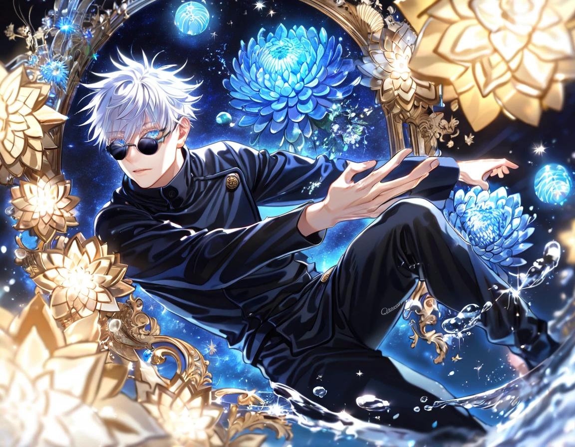 absurdres, highres, ultra detailed, HDR, master piece, best quality, extremely detailed, Gojou Satoru, white hair, black round sunglasses, expressive blue eyes, white eyelashes, Jujutsu Kaisen, solo, sexy man, handsome, jujutsu uniform, black shirt, black pants, fantasy, water, sparkling, blue glittering fireflies, blue moon, blue blossoms, blue chrysanthemums, blue sparkling lights, starry sky, magical