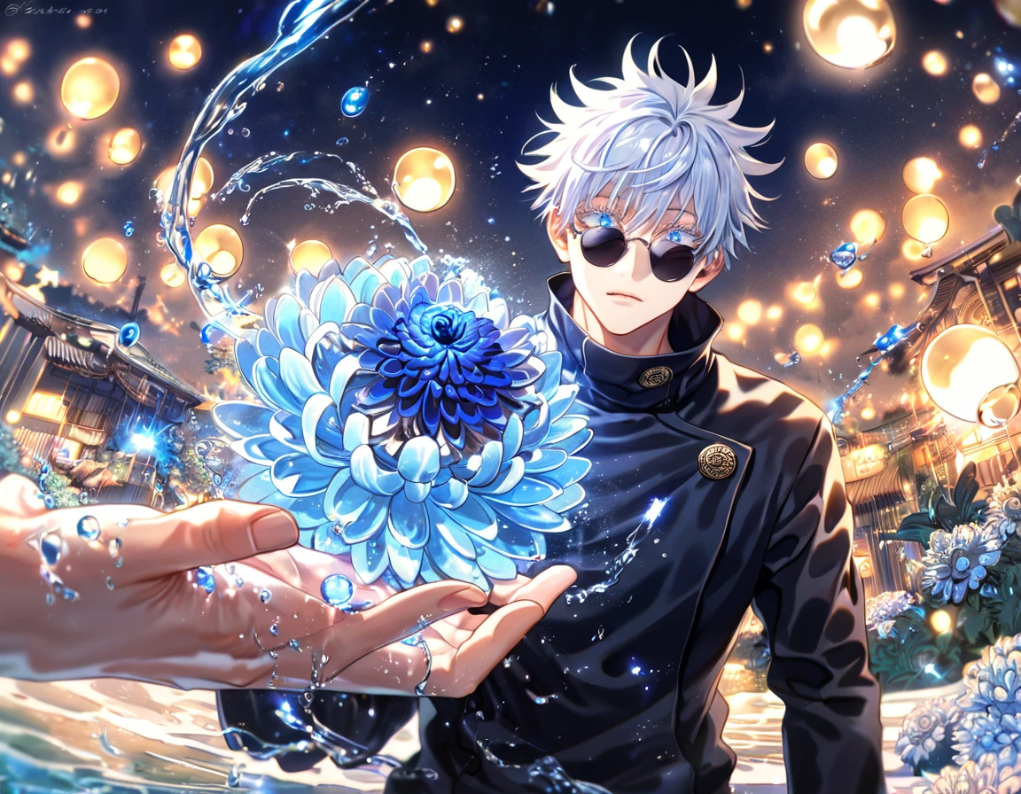 absurdres, highres, ultra detailed, HDR, master piece, best quality, extremely detailed, Gojou Satoru, white hair, black round sunglasses, expressive blue eyes, white eyelashes, Jujutsu Kaisen, solo, sexy man, handsome, jujutsu uniform, black shirt, black pants, fantasy, water, sparkling, blue glittering fireflies, blue moon, blue blossoms, blue chrysanthemums, blue sparkling lights, starry sky, magical