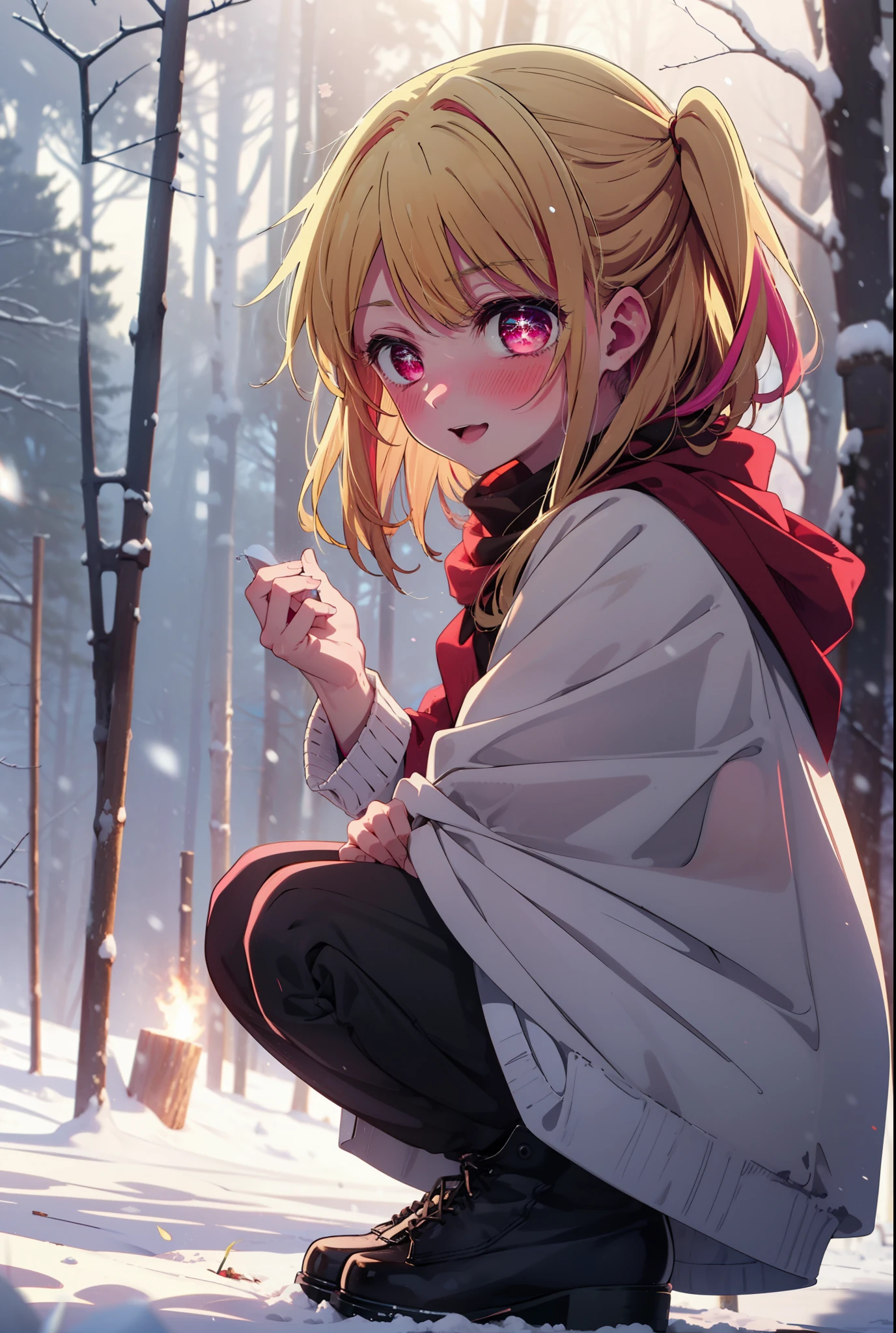 rubyhoshino, Hoshino Ruby, Long Hair, bangs, blonde, (Pink Eyes:1.3), Side Lock, (Symbol-shaped pupil:1.5), Multicolored Hair, Two-tone hair, smile,,smile,blush,white breath,
Open your mouth,snow,Ground bonfire, Outdoor, boots, snowing, From the side, wood, suitcase, Cape, Blurred, , forest, White handbag, nature,  Squat, Mouth closed, Cape, winter, Written boundary depth, Black shoes, red Cape break looking at viewer, Upper Body, whole body, break Outdoor, forest, nature, break (masterpiece:1.2), Highest quality, High resolution, unity 8k wallpaper, (shape:0.8), (Beautiful and beautiful eyes:1.6), Highly detailed face, Perfect lighting, Highly detailed CG, (Perfect hands, Perfect Anatomy),