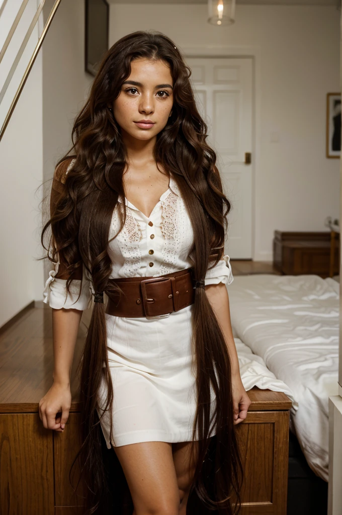 Colombian Portuguese girl cup of freckles in her twenties long curly hair dressed in classy outfit