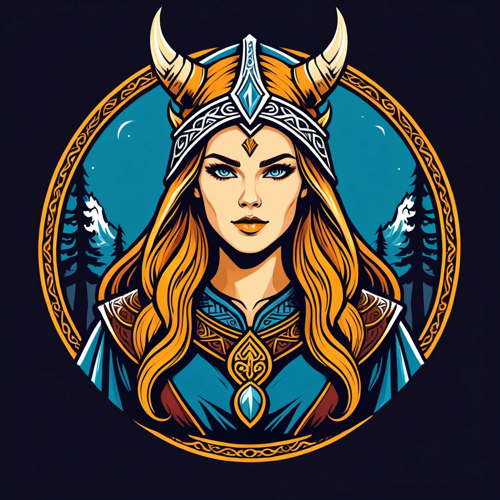 female wizard in viking folk outfit ,vector graphics, strong contours, logo design