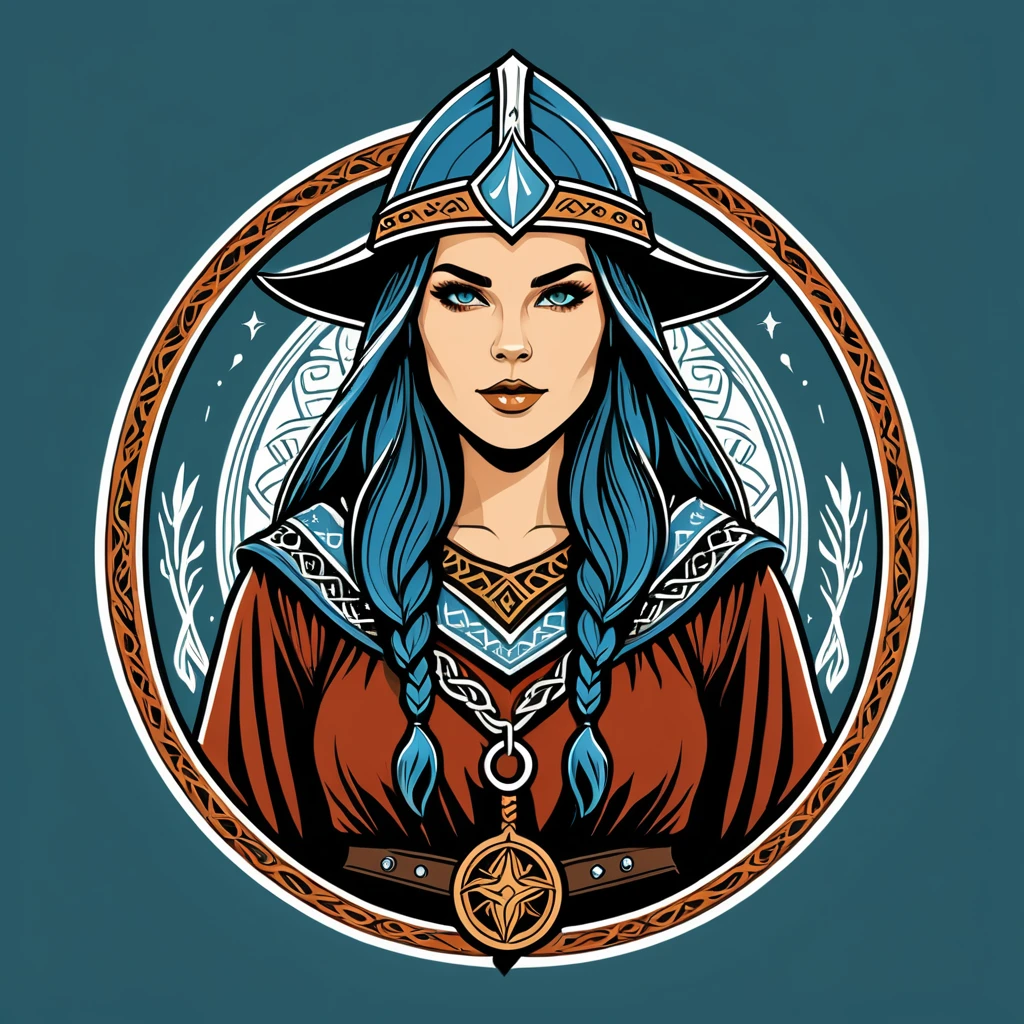female wizard in viking folk outfit ,vector graphics, strong contours, logo design