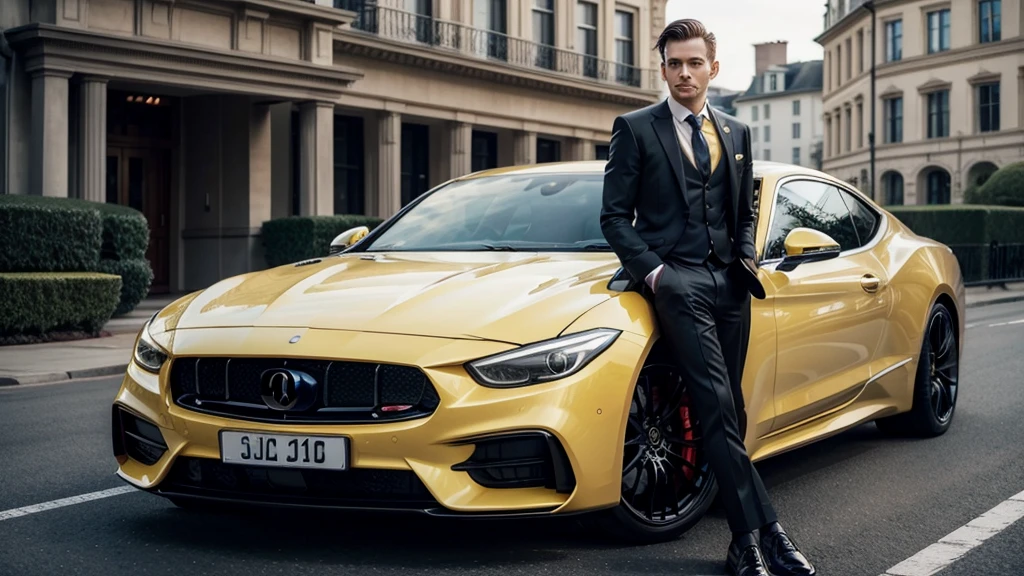 Man in a suit leaning against a luxury car in front of a yellow mansion