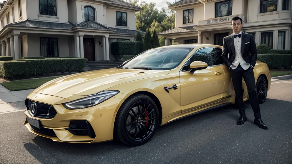 Man in a suit leaning against a luxury car in front of a yellow mansion