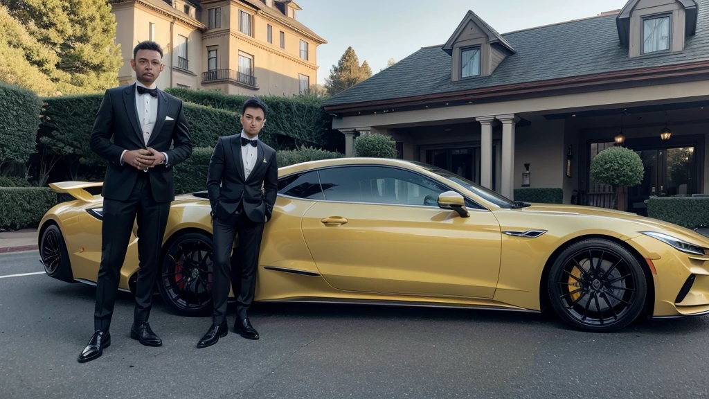 Man in a suit leaning against a luxury car in front of a yellow mansion