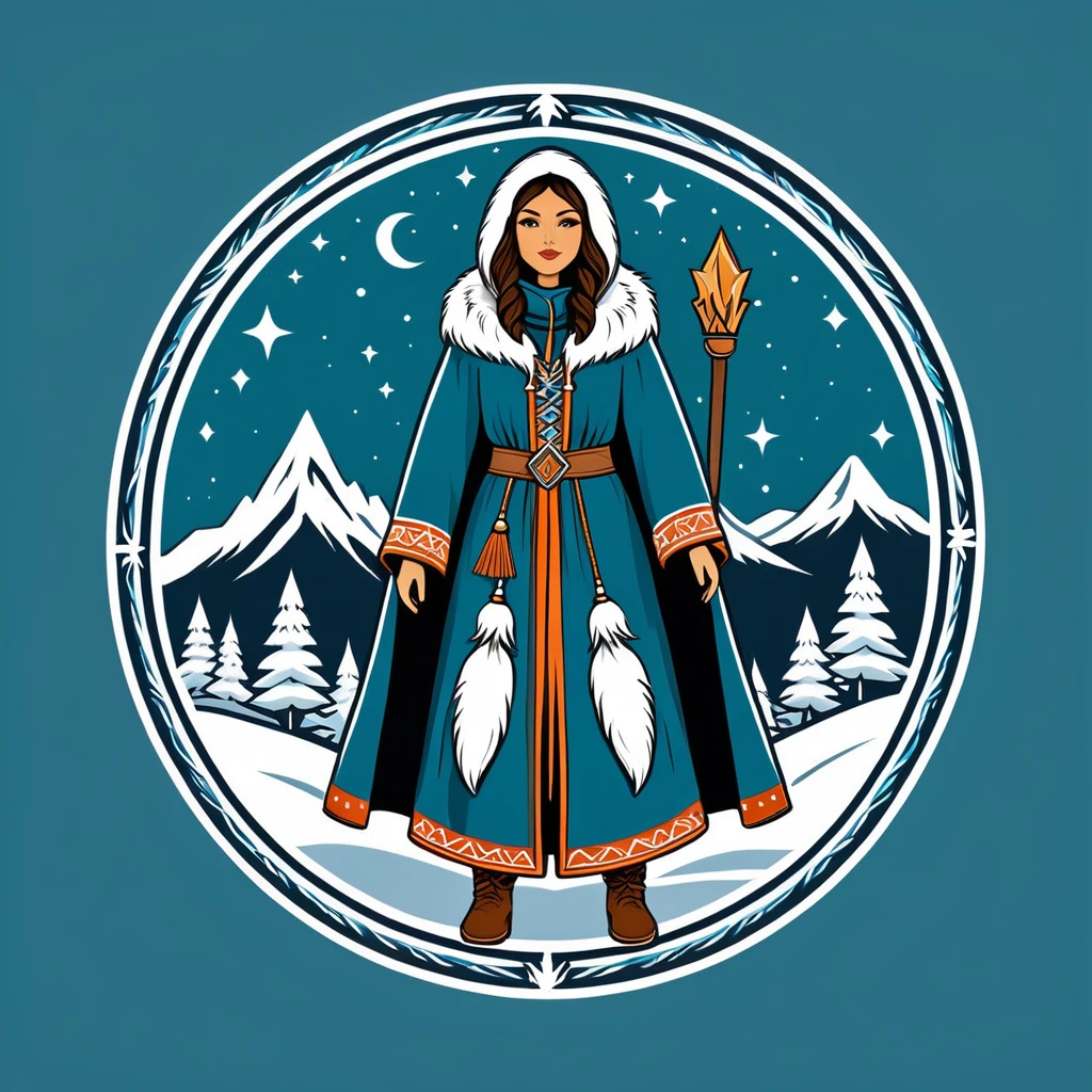 female wizard in eskimo folk outfit ,vector graphics, strong contours, logo design
