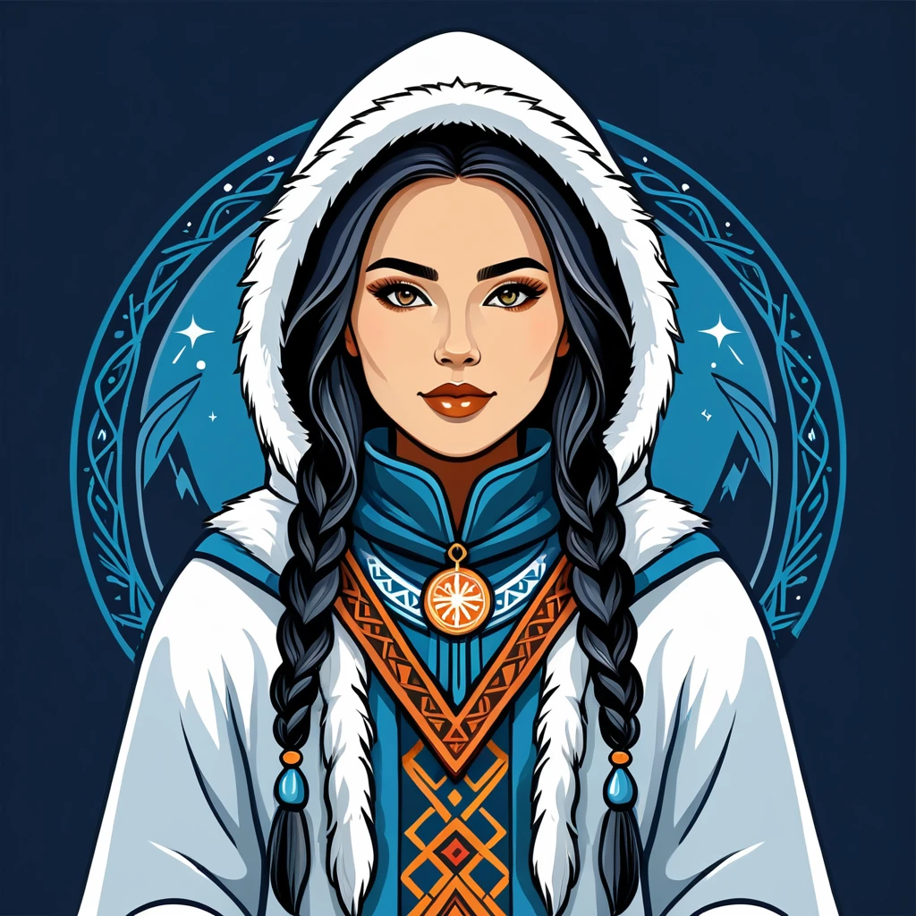 female wizard in eskimo folk outfit ,vector graphics, strong contours, logo design
