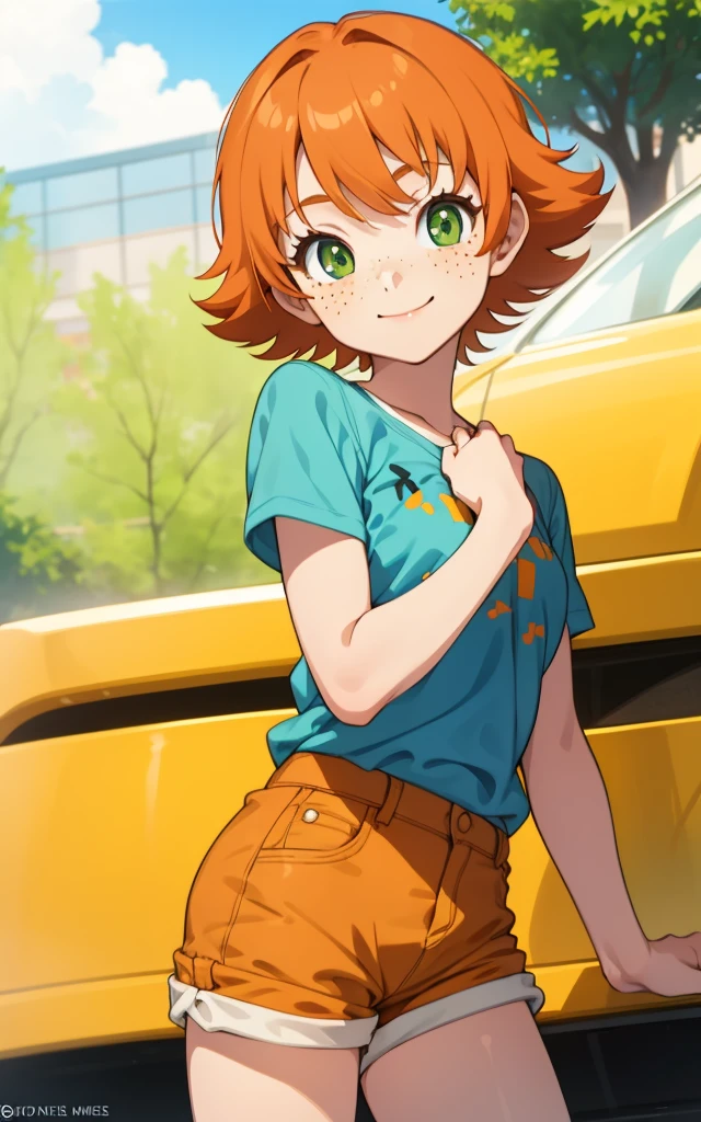 1girl, sxfrances, short hair, orange hair, green eyes, freckles, , blue_shirt, smile, solo, looking at viewer ,shorts